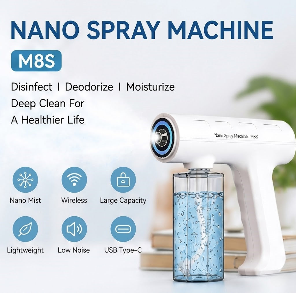 Portable Nano Spray Gun, Cordless Pet Odor Eliminator & Disinfectant Fogger Machine, Handheld Electric Atomizer Mister with Blue Light, USB Rechargeable for Home, Car, Dog Room (White)