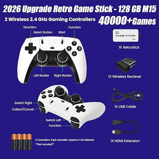 2026 Upgrade Retro Game Stick, 64 GB, with 20,000+ Built-in Classic Video Games, Retro Gaming Console with 23 Emulators, Plug & Play for TV Video Gaming Stick HDMI Output with Dual 2.4G Controllers