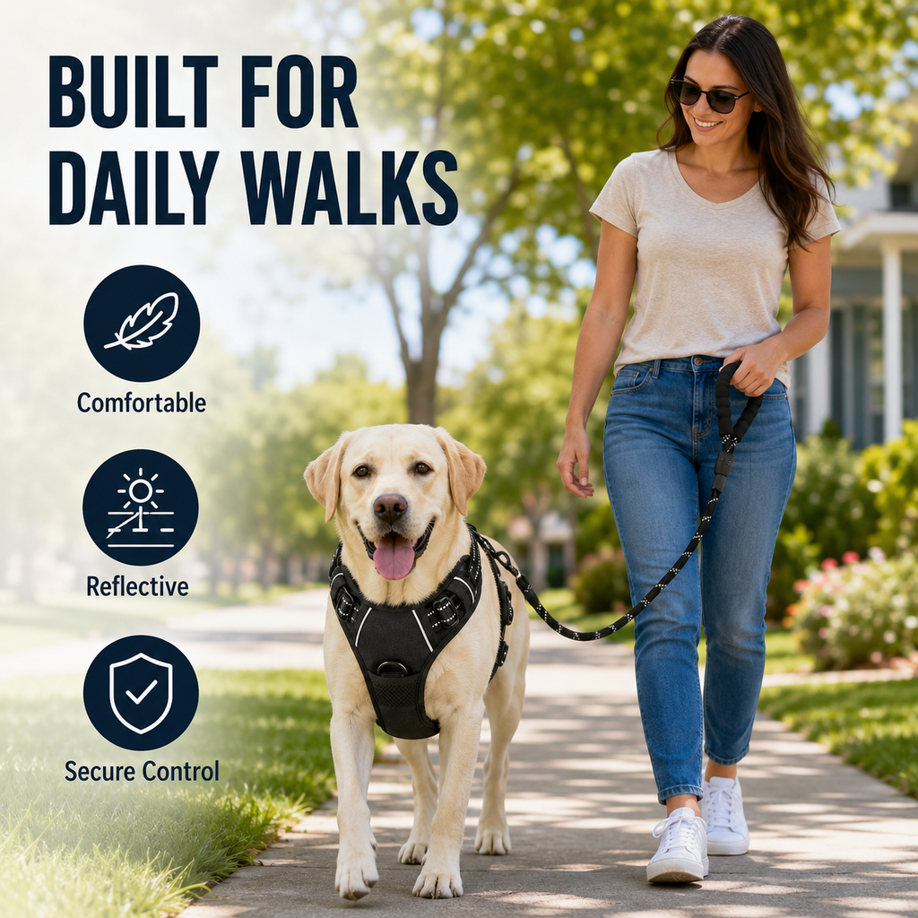 Bllstar No Pull Dog Harness for Large Dogs, Adjustable Soft Padded Oxford Pet Vest with 2 Leash Clips and Easy Control Handle, No Choke Dog Vest, Black