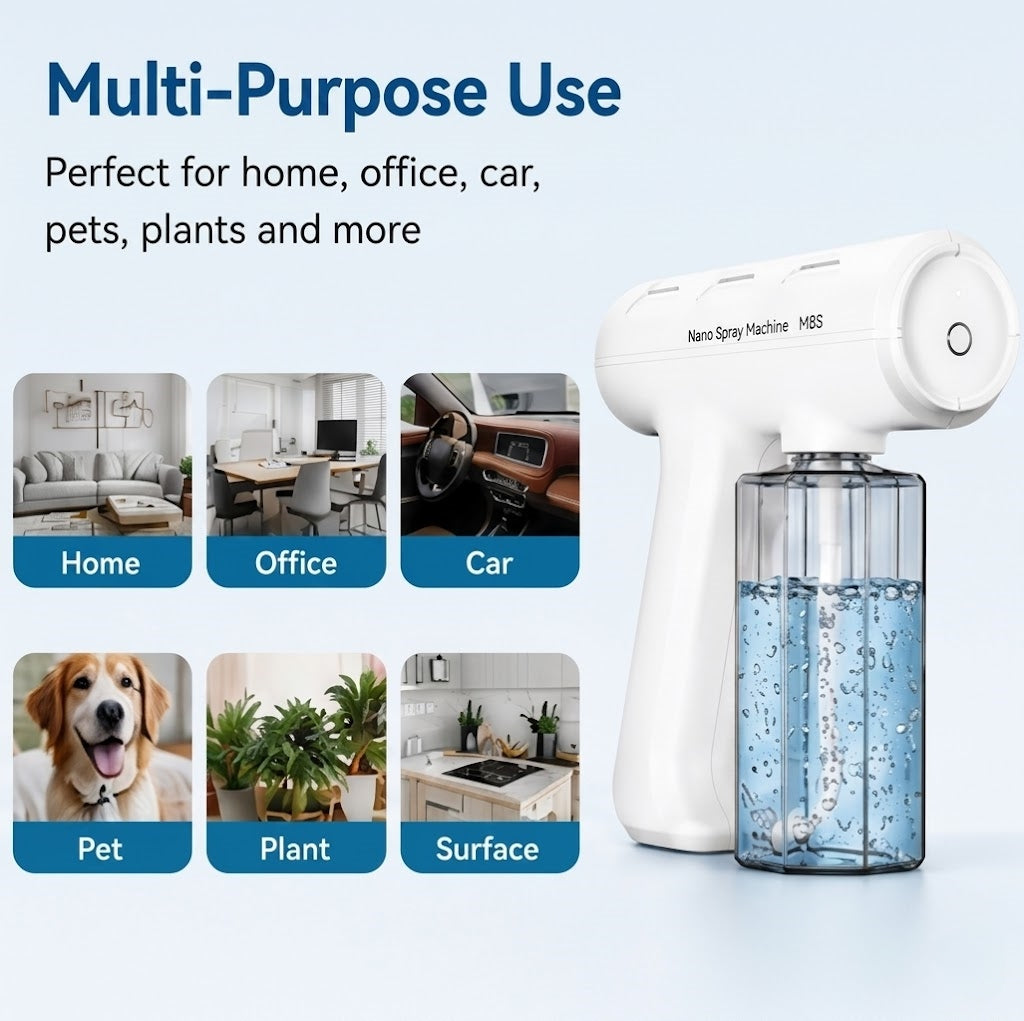 Portable Nano Spray Gun, Cordless Pet Odor Eliminator & Disinfectant Fogger Machine, Handheld Electric Atomizer Mister with Blue Light, USB Rechargeable for Home, Car, Dog Room (White)