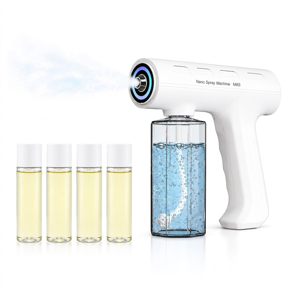 Portable Nano Spray Gun, Cordless Pet Odor Eliminator & Disinfectant Fogger Machine, Handheld Electric Atomizer Mister with Blue Light, USB Rechargeable for Home, Car, Dog Room (White)