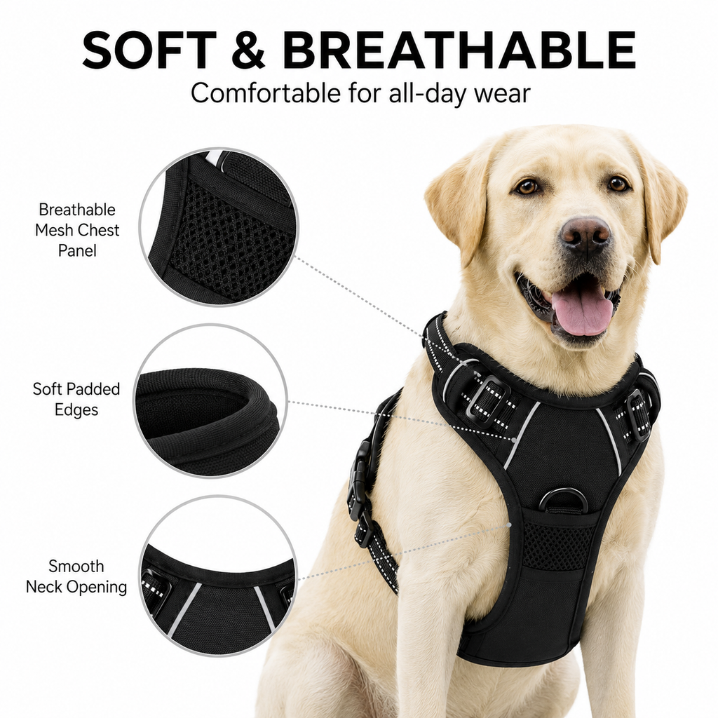 Bllstar No Pull Dog Harness for Large Dogs, Adjustable Soft Padded Oxford Pet Vest with 2 Leash Clips and Easy Control Handle, No Choke Dog Vest, Black
