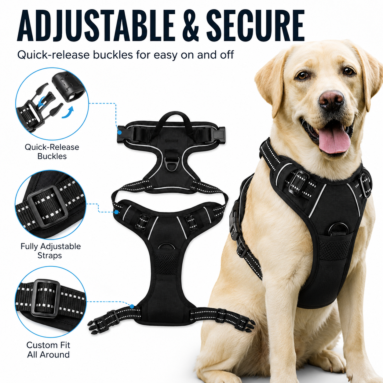 Bllstar No Pull Dog Harness for Large Dogs, Adjustable Soft Padded Oxford Pet Vest with 2 Leash Clips and Easy Control Handle, No Choke Dog Vest, Black